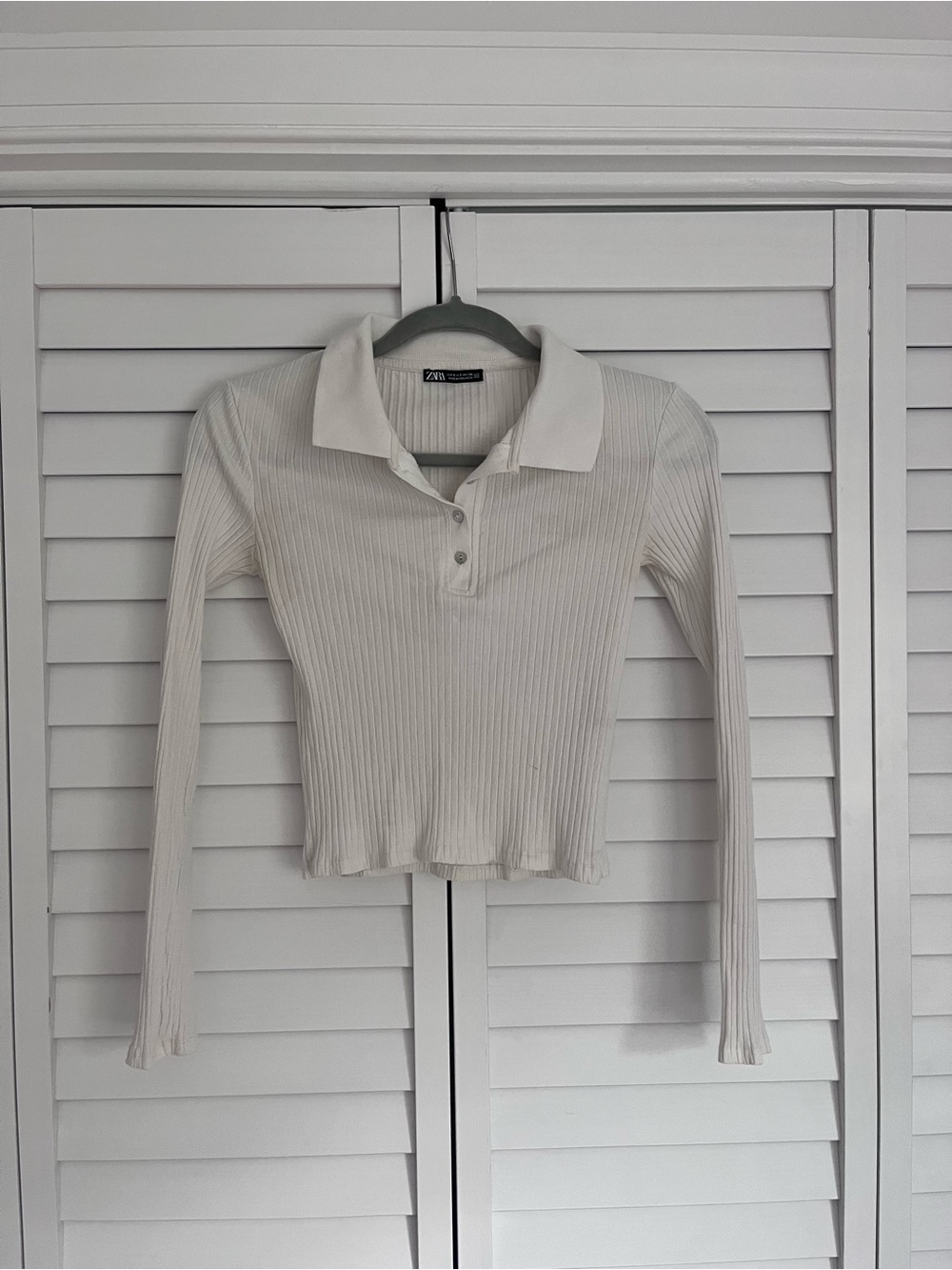 Zara Off-White Ribbed Long-Sleeve Polo Top